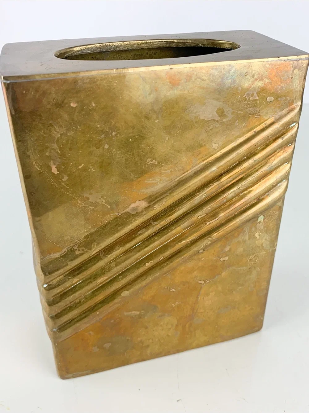 Vintage 80s Art Deco Revival Brass Rectangular Vase Napkin Tissue Holder Retro